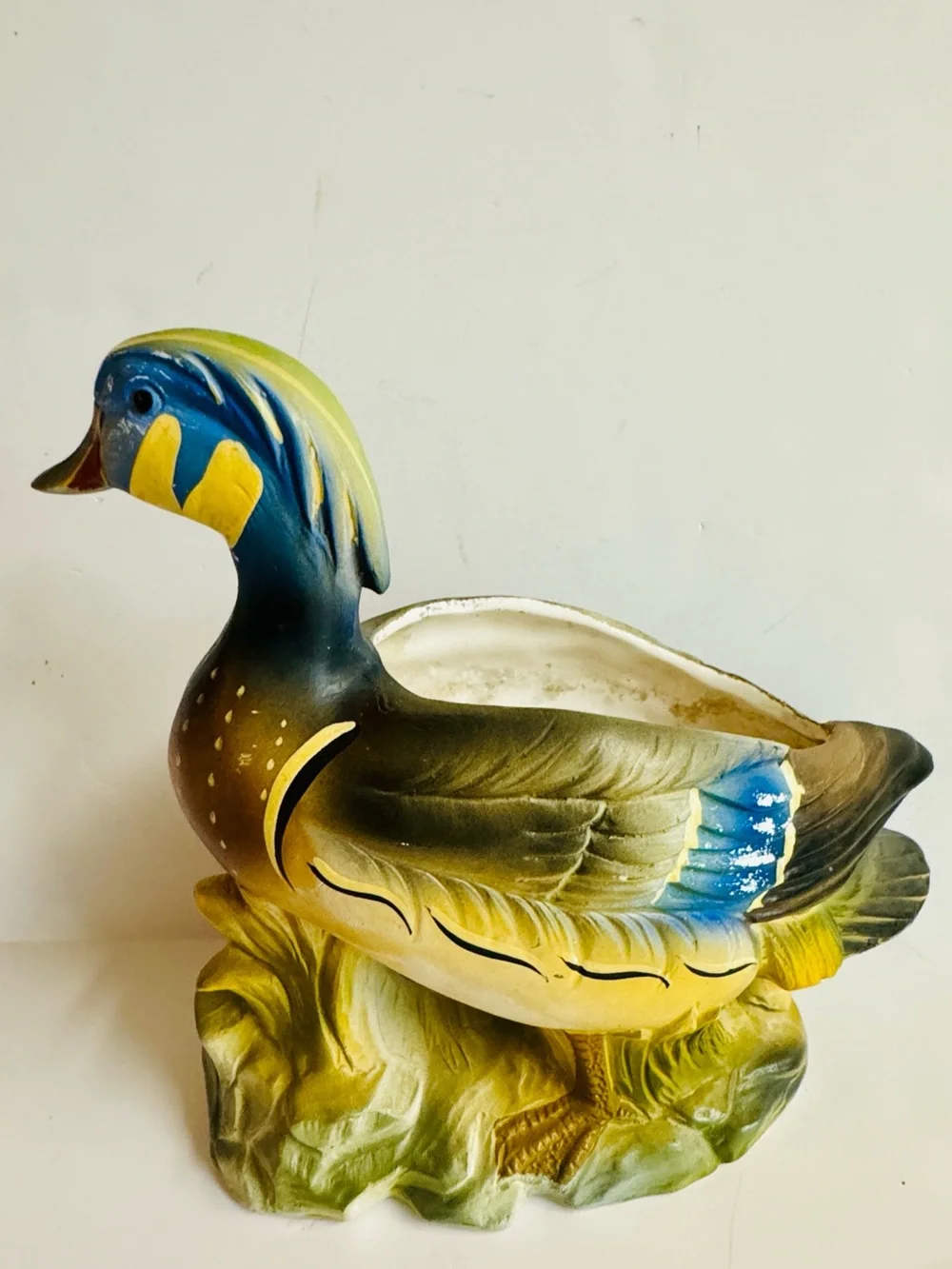 Vintage 60s Inarco Hand-Painted Ceramic Wood Duck Planter in Blue and Green